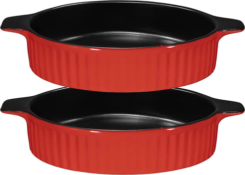 Bruntmor Set Of 2 Modern Ceramic Pie Pan, 8" Tart Pan Round Pie Plate Baking Dish 2" Deep, Elagent Ribbed Design, Red