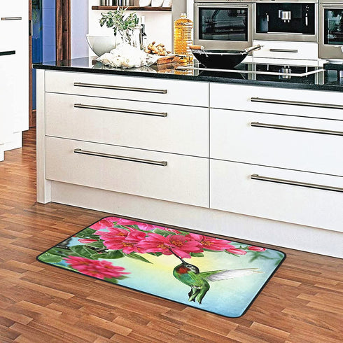 Spring Hummingbird Kitchen Rug Cherry Red Flower Kitchen Mat Summer Blue Sky Floral Leaves Floor Mat Non Slip Area Rugs for Home Decor 39" X 20"