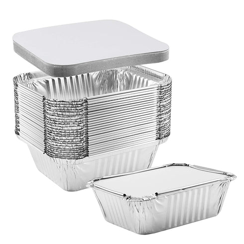 NYHI 50-Pack Extra Small Disposable Aluminum Oblong Foil Pans with Lid Covers Recyclable Tin Food Storage Tray for Cooking, Baking, Meal Prep, Takeout - 1 lb-5.75'' x 4.75'' x 1.75"