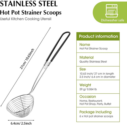 Hot Pot Strainer Scoops, Stainless Steel Hot Pot Strainer Spoons 2.5 inch Mini Mesh Skimmer Spoon Asian Strainer Ladle with Handle (Black,6 Pieces)