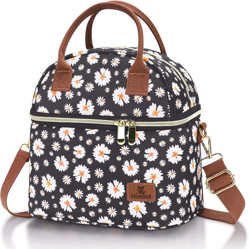Hafmall Insulated Lunch Bag for Women, 9L Dual Deck Womens Lunch Box with Shoulder Strap, Reusable Adult Lunch Tote Bag for Work/School/Picnic, Daisy