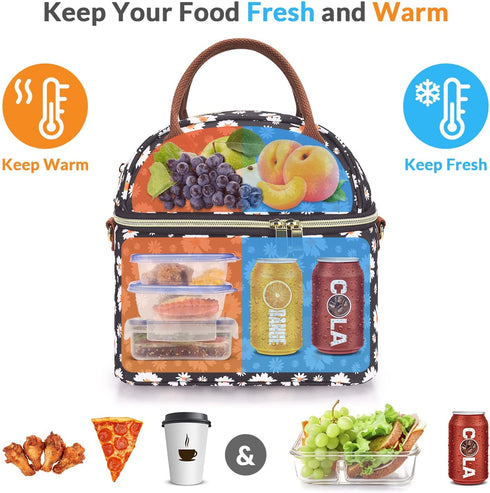 Hafmall Insulated Lunch Bag for Women, 9L Dual Deck Womens Lunch Box with Shoulder Strap, Reusable Adult Lunch Tote Bag for Work/School/Picnic, Daisy