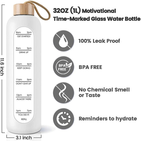 PROBTTL 32 Oz Borosilicate Glass Water Bottle with Time Marker Reminder Quotes, Leak Proof Reusable BPA Free Motivational Water Bottles with Silicone Sleeve and Bamboo Lid