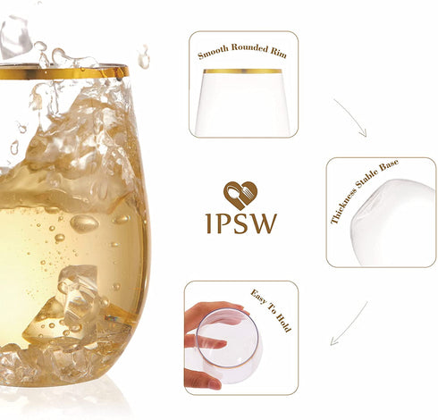 16oz Plastic Stemless Wine Glasses w/Gold Rim - Unbreakable Disposable Cocktails & Scotch Tumbler,Crystal Shatterproof Drinking Glassware Goblet for Homes,Outdoor,Wedding, Anniversary - Set of 6