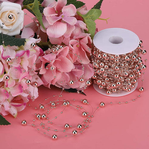 30m Rose Gold Fish Line Beads, Rose Gold Abs Artificial Pearl Beaded Chain, Gypsophila Jewelry for DIY Craft Garland Wedding Center Decoration Party Supplies DIY Wedding Accessories