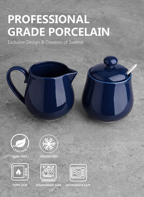 Sweese 480.103 Porcelain Sugar and Creamer Set, Coffee Serving Set, 3 Piece with Cream Pitcher, Sugar Bowl with Lid and Spoon, Navy
