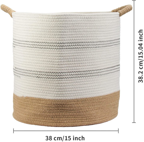 BEIUTAO Small Storage Basket 15 x 15 x 15 inch Foldable Woven Baskets, Cotton Rope Blanket Basket for Toy and Blanket, Baby Laundry Baskets with Handle