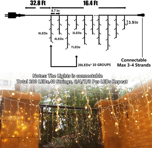 Icicle String Lights,200 LEDs Waterproof Indoor Outdoor Christmas Lights 16.4ft Connectable with 40 Drops Plug in for Wedding Birthday Party Backdrops Gazebo Decorations(Warm White)