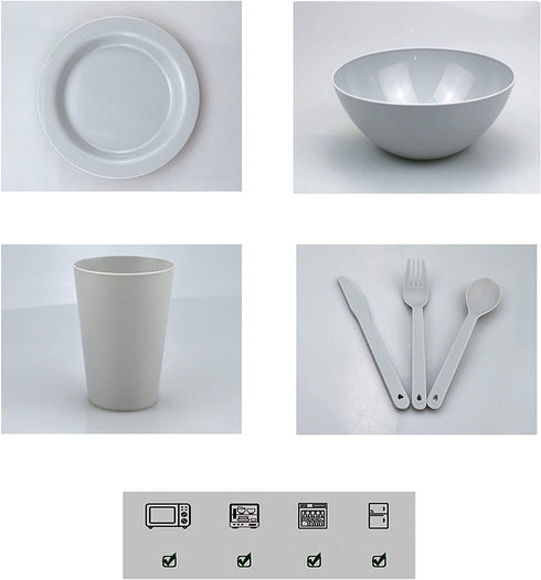 Plastic Plates College Dorm Room Essentials Dishes Set Camping Plates and Bowls Dishes Set Dinnerware Accessories Mess Kit-Microwaveoven Safe BPA-Free with Mesh Bag-24PCS