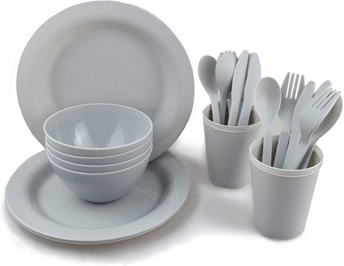 Plastic Plates College Dorm Room Essentials Dishes Set Camping Plates and Bowls Dishes Set Dinnerware Accessories Mess Kit-Microwaveoven Safe BPA-Free with Mesh Bag-24PCS