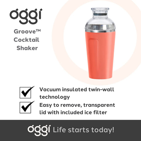 OGGI Groove Insulated Cocktail Shaker-17oz Double Wall Vacuum Insulated Stainless Steel Shaker, Tritan Lid has Built In Strainer, Ideal Cocktail Mixer, Martini Shaker, Margarita Shaker, Coral