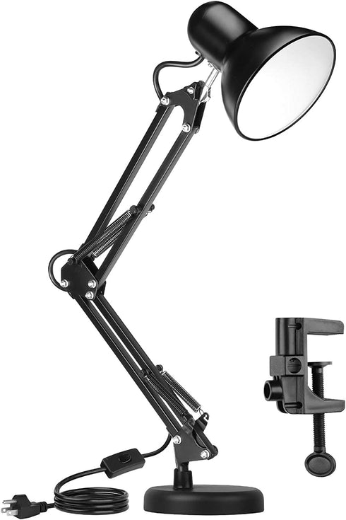 Metal Desk Lamp, AmeriTop Adjustable Goose Neck Swing Arm Table Lamp with Interchangeable Base Or Clamp; Eye-Caring Study Desk Lamps for Bedroom, Study, Office, Table (Black)