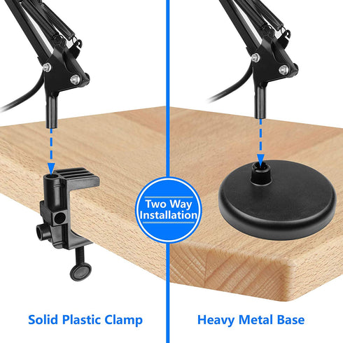 Metal Desk Lamp, AmeriTop Adjustable Goose Neck Swing Arm Table Lamp with Interchangeable Base Or Clamp; Eye-Caring Study Desk Lamps for Bedroom, Study, Office, Table (Black)