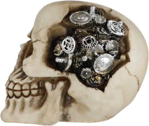 Ebros Steampunk Cyborg Protruding Gearwork Human Skull Statue Sci Fi Clockwork Gear Design Skeleton Cranium Figurine