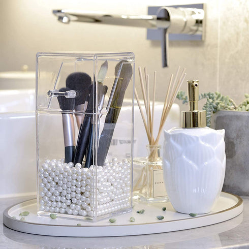 InnSweet Makeup Brush Holder Organizer, Dustproof Cosmetics Brush Storage with White Pearls