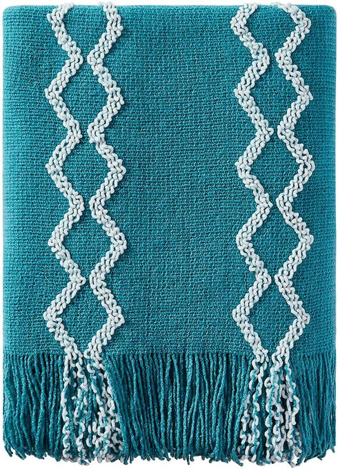 BOURINA Fluffy Chenille Knitted Fringe Throw Blanket Lightweight Soft Cozy for Bed Sofa Chair Throw Blankets, Teal 50" x 60"€¦