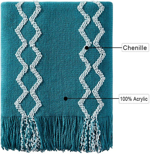 BOURINA Fluffy Chenille Knitted Fringe Throw Blanket Lightweight Soft Cozy for Bed Sofa Chair Throw Blankets, Teal 50" x 60"€¦