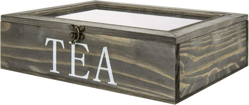 MyGift Vintage Gray Wood Tea Storage Box Organizer with 6 Compartments, Teabags and Condiments Chest with Lid with Latch