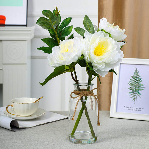 Artificial Peony Arrangements in Round Glass vase for Home Table Office Wedding Decoration. Fake Flowers in Pot, Table centerpieces Party Indoor Decor Gifts for Honey. Great, White, 15.4 inches tall