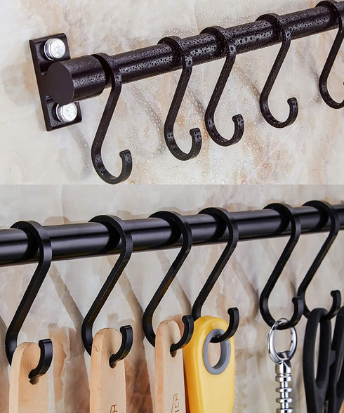 Gourmet Kitchen Utensil Rack with 6 Hooks, Wall Mounted Rail Wrought Iron Hanging Utensil Holder Rack with Removable S Hooks 16 Inch (Black-6 Hooks)