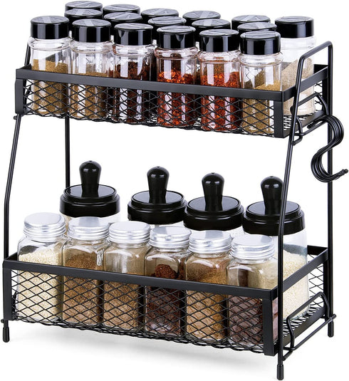 Homeweeks Spice Rack Kitchen Cabinet Organizer - 2 Tier Spice Organizer 5 Hooks Bathroom Organize Countertop Holder - Pantry Shelves Seasoning Storage Shelf Sink Rack for Kitchen (Black)
