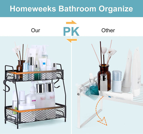 Homeweeks Spice Rack Kitchen Cabinet Organizer - 2 Tier Spice Organizer 5 Hooks Bathroom Organize Countertop Holder - Pantry Shelves Seasoning Storage Shelf Sink Rack for Kitchen (Black)