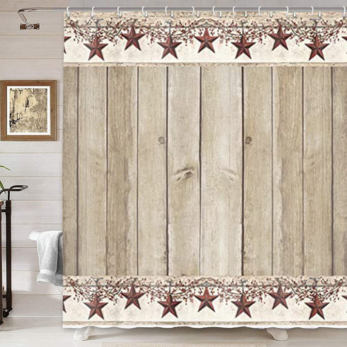 Rusitc Wood Boards Shower Curtain, Western Texas Star and Primitive Berries on Country Wooden Plank Bath Curtains, Polyester Fabric Bathroom Country Barn Farmhouse Shower Curtain 12PCS Hooks, 69X70IN