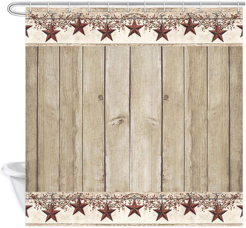 Rusitc Wood Boards Shower Curtain, Western Texas Star and Primitive Berries on Country Wooden Plank Bath Curtains, Polyester Fabric Bathroom Country Barn Farmhouse Shower Curtain 12PCS Hooks, 69X70IN