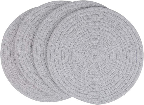 SHACOS Round Placemats Set of 4 Heat Resistant Cotton Rope Braided 12 inch Place Mats for Dining Table Thick Fabric Absorbent Table Mats Trivet (Light Gray, 12 Inch)