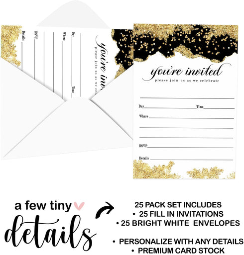 Gold and Black Invitations and Envelopes Pack of 25 Fill In Blank Invites for Graduation Retirement Birthday Baby Shower Engagement Elegant Events Modern Abstract Theme Paper Clever Party