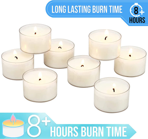 Stonebriar Bulk 96 Pack Unscented Smokeless Long Burning Clear Cup Tea Light Candles with 8 Hour Extended Burn Time