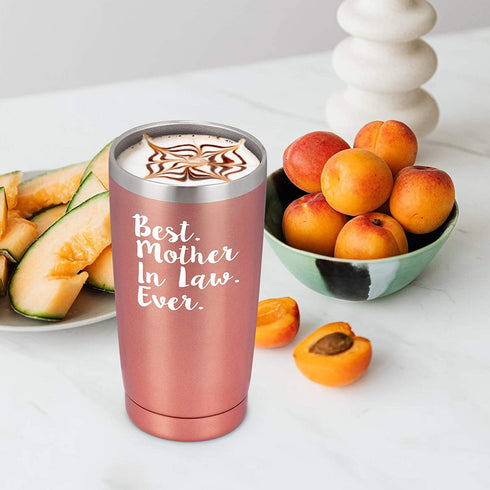 Best Mother in Law Ever Travel Tumbler with Lids, Gifts for Mother in Law from Daughter in Law, Son in Law, Funny Christmas Birthday Mother Day Gift, 20 Oz Insulated Stainless Steel Tumbler, Rose Gold