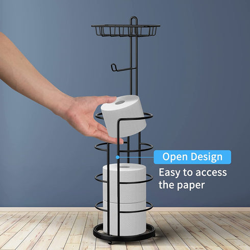 Bextsrack Toilet Paper Holder Stand, Free Standing Bathroom Toilet Tissue Roll Holder and Dispenser with Storage Shelf, Black
