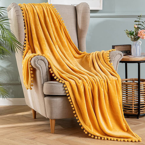 MIULEE Fleece Throw Blanket with Pompom Tassel for Halloween Soft Flannel Cozy Mustard Yellow Bed Blanket Fuzzy Plush Warm Farmhouse Boho Decor for Couch Sofa Bed Throw Size 50"x60"