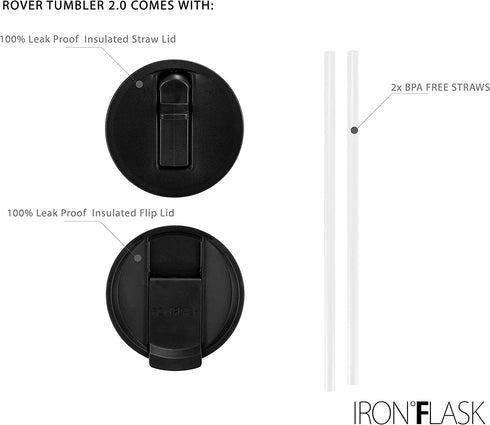 IRON °FLASK Rover Tumbler 2.0 - 16 Oz, 2 Lids (Straw/Flip), Vacuum Insulated Stainless Steel Bottle, Modern Double Walled, Simple Thermo Travel Mug, Hydro Water Metal Canteen - Midnight Black