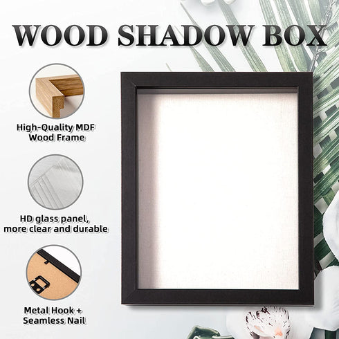 Muzilife 8x10 Shadow Box Picture Frame with Linen Board - Deep Wood & Glass Display Case Ready to Hang Memory Box Baby Sports Memorabilia, Pins, Awards, Medals, Wedding, Tickets and Photos (Black)