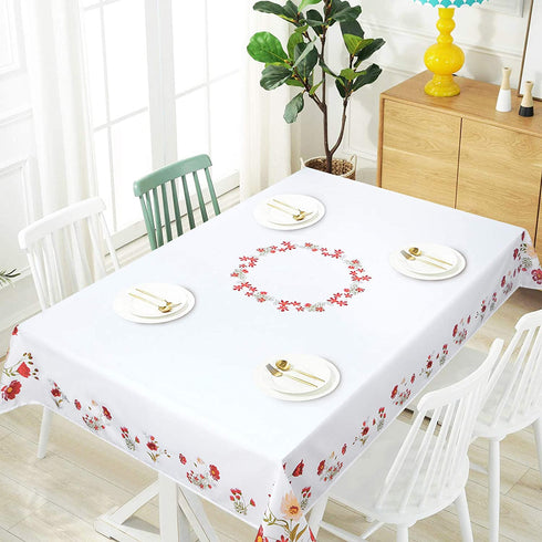 Floral Tablecloth, Wild Flower Table Cloth, Spring Summer Waterproof Wrinkle Free Tablecloth for Outdoor, Picnic, Camping, Patio, Party, Kitchen, Dining Room, Red and White, Rectangle 60 x 84 inch