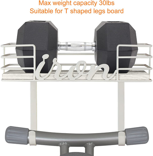 TJ.MOREE Ironing Board Hanger Wall Mount - Laundry Room Decor Iron and Ironing Board Holder, Metal Wall Mount with Large Storage White Wooden Base Basket and Removable Hooks (White)