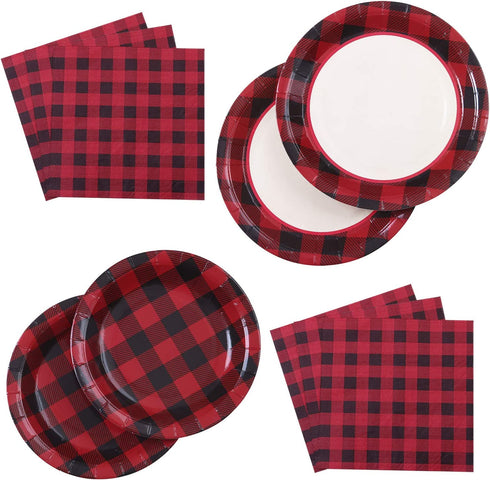 Aneco 98 Pieces Red and Black Plaid Party Supplies Party Tableware Paper Plates and Napkins for 24 Guests
