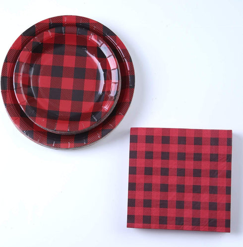 Aneco 98 Pieces Red and Black Plaid Party Supplies Party Tableware Paper Plates and Napkins for 24 Guests