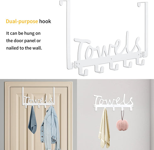 Bath Over The Door Towel Rack 5 Hooks Towel Holder Wall Hooks for Robe, Towel, Coat, Bag- White
