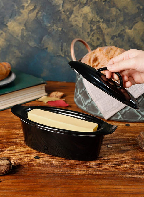Butter Boat, French Butter Dish with Water, Porcelain - Fresh Soft Butter without Refrigeration, Black - Better Butter & Beyond