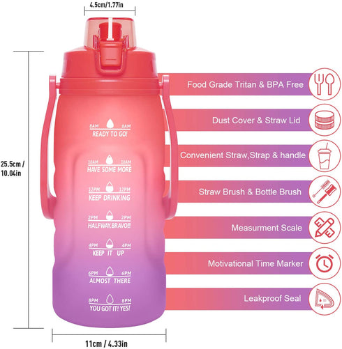PASER 64oz Water Bottles with Times to Drink, 2 in 1 Lids(Chug and Straw) Tritan Leakproof BPA Free Sports Motivational Water Bottle with Replaceable Handle & Strap(Included Bottle Brush)
