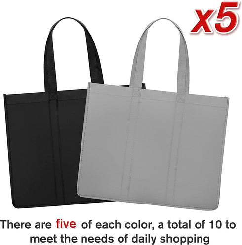 WISELIFE Reusable Grocery Shopping Bags 10 Pack Large Foldable Tote Bags Bulk, Eco Produce Bags with Long Handle for Shopping Groceries Clothes (Grey&Black)
