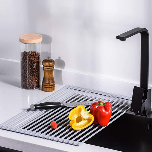 U-Taste Roll Up Dish Drying Rack 16.5 by 13.7 Inches, Over The Sink Foldable Multipurpose Silicone Dish Drainer Warm Gray, Small
