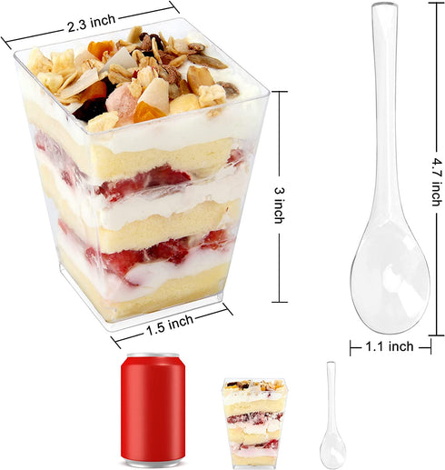 Colovis Dessert Cups, 60 Count 5oz Clear Plastic Parfait Appetizer Cups with Spoons Square Dessert Serving Cups for Parties, Events, Catering (60)