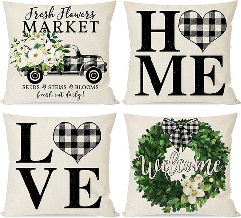 PANDICORN Modern Farmhouse Pillow Covers 18x18 Set of 4, Black Buffalo Plaid Check Home Love Heart Truck Wreath, Spring Decor Green Flower Floral, Welcome Throw Pillow Cases Outdoor Decorations