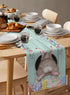 SUN-Shine Spring Table Runner Easter Rabbit on Farm Wooden Dresser Scarves-70inch Long,Teal Turquoise Linen Burlap Eggs and Floral Table Runners Cloth for Kitchen Dining April Holiday Party Decor
