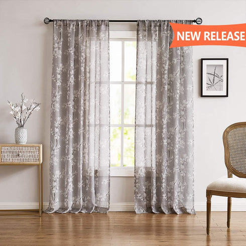 FMFUNCTEX Sheer Curtains for Living-Room 84" Long White Floral Blossom Print on Flax Linen Blend Window Curtain Panels 50" w x 2 Pack Rod Pocket