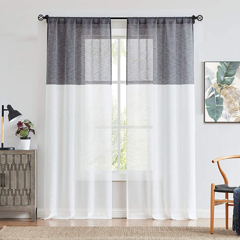Central Park Black and White Stripe Sheer Color Block Window Curtain Panel Linen Drape Treatment for Bedroom Living Room Farmhouse 84 inches Long with Rod Pocket,2 Panel Rustic Living Panels